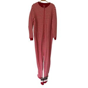 Nick & Nora Red White Striped Fleece Footed Pajamas Sock Monkey Large